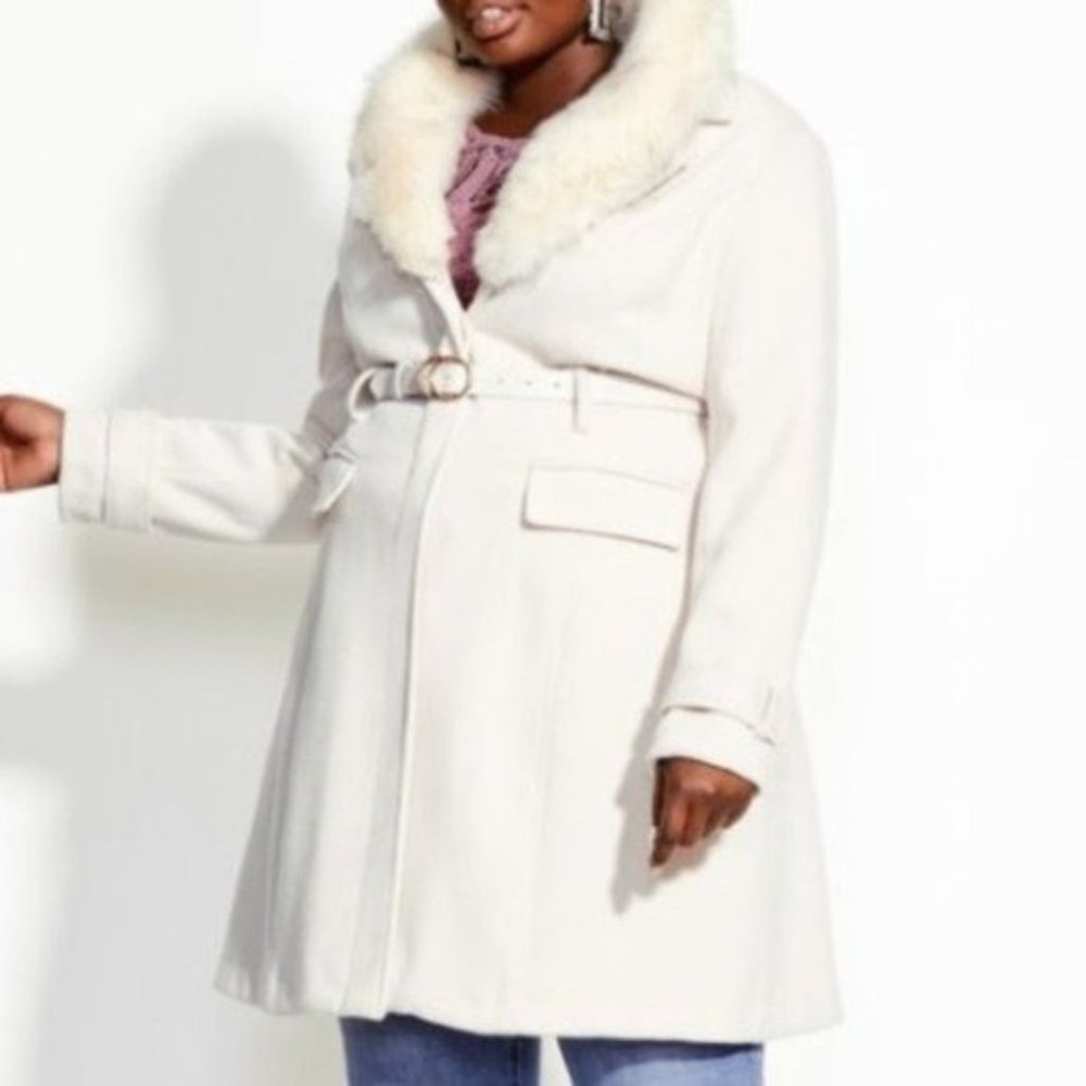 City Chic Cream Color Faux Fur Belted Winter Coat